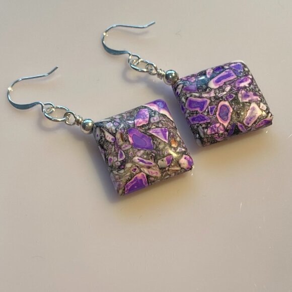 ❤️ Purple Sea Sediment Jasper Square Earrings - Picture 7 of 11